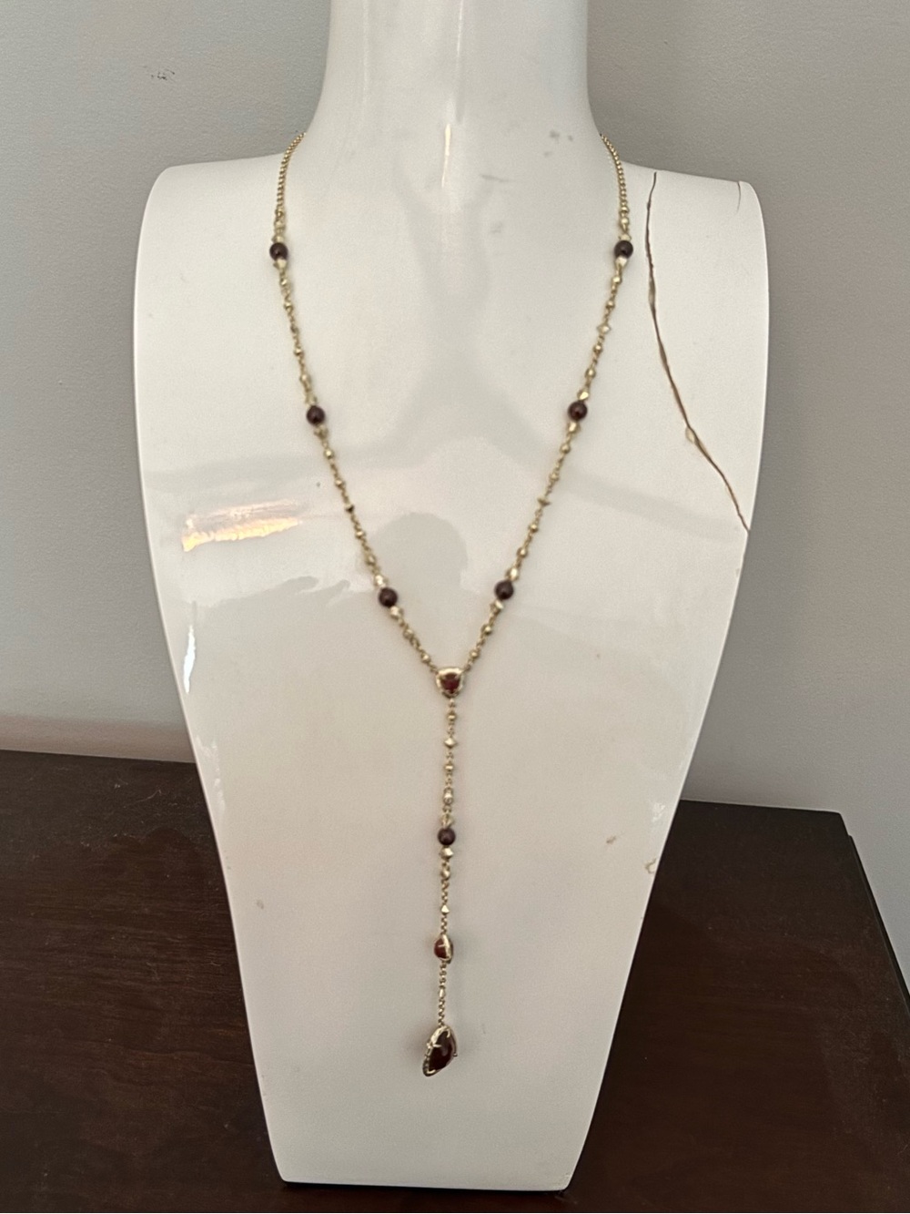Kendra Scott Gold Lariat Necklace with Deep Red Beads